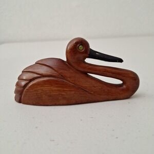 Wood Carved Pelican Crane Desk Sitter Figurine Statue Beach Bird 5" x 1.5"